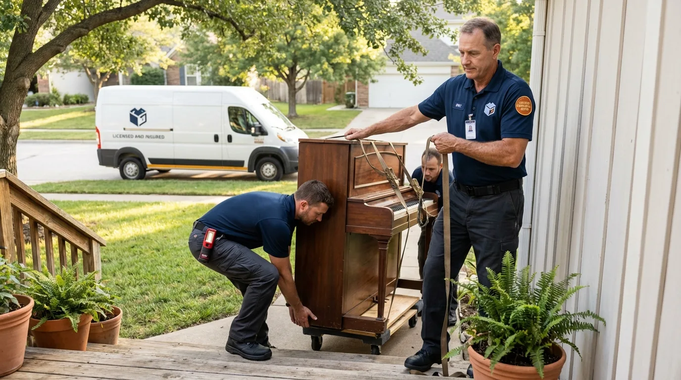 Licensed piano movers securing grand piano in Waldorf, MD