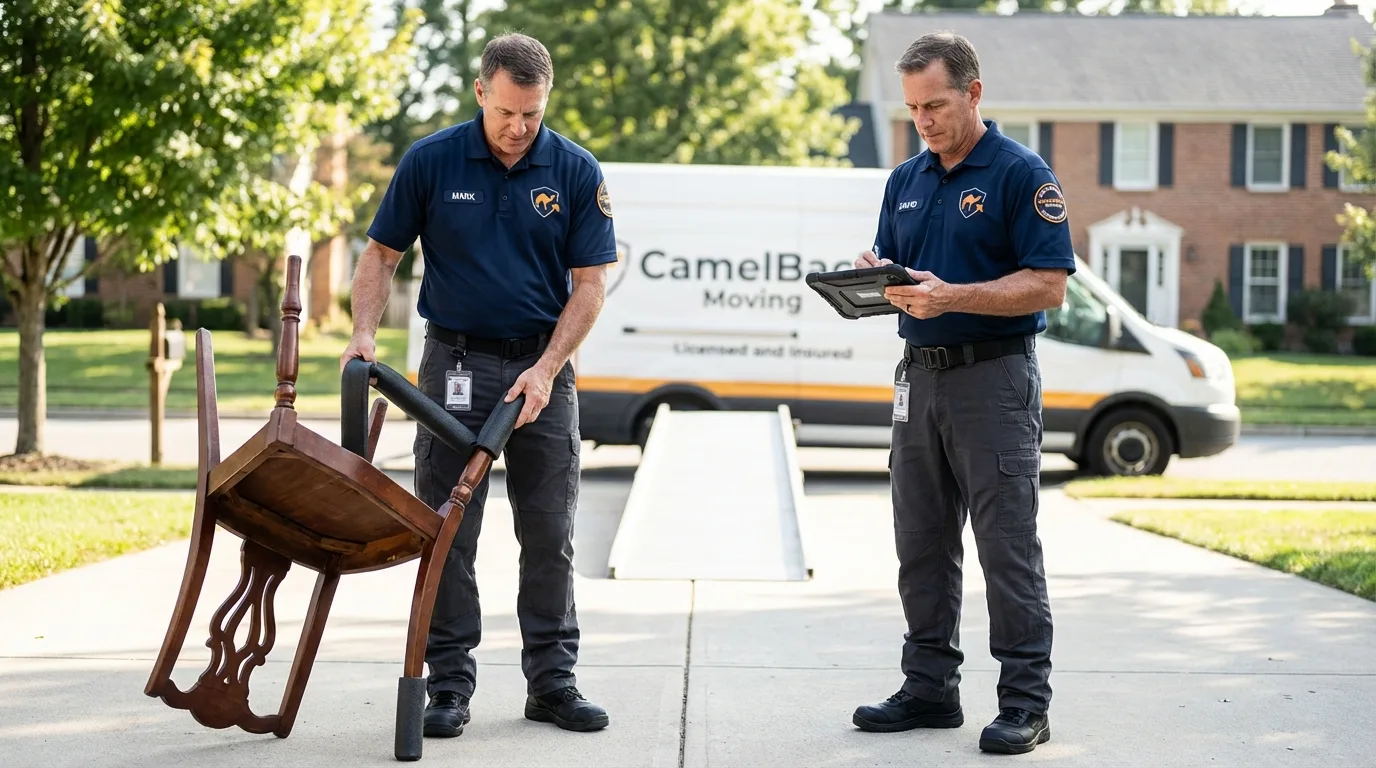 Movers inspecting furniture for damage prevention before loading in Waldorf, MD
