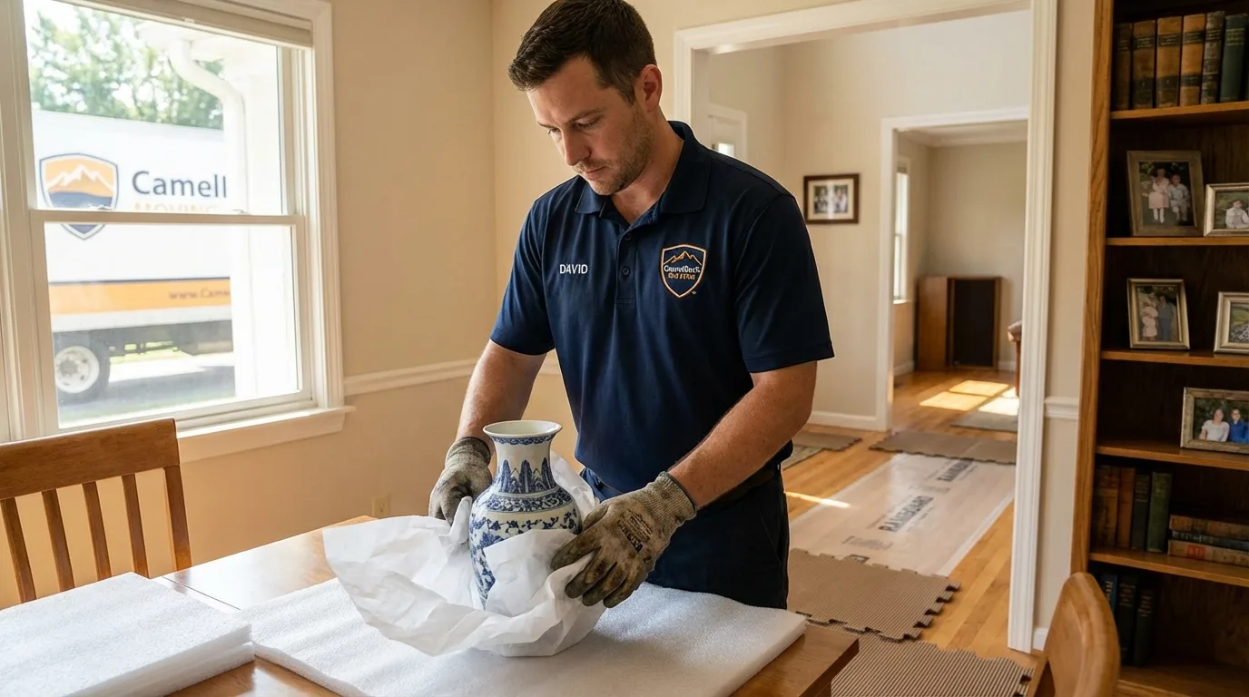 Professional crew carefully wrapping antique vase for senior downsizing move in Waldorf, MD